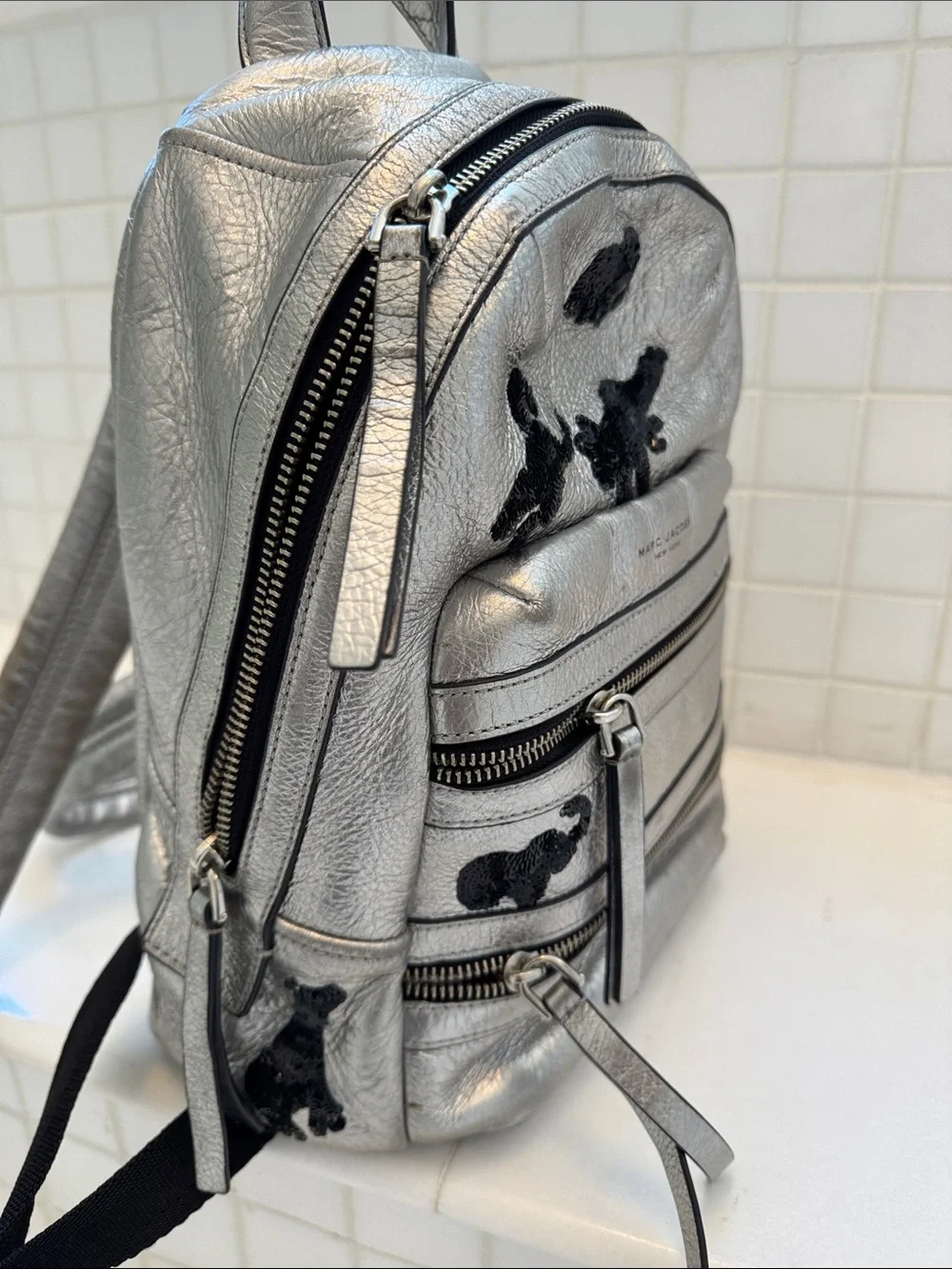 Marc Jacobs Silver Metallic Mini Backpack with Black Embellishment
